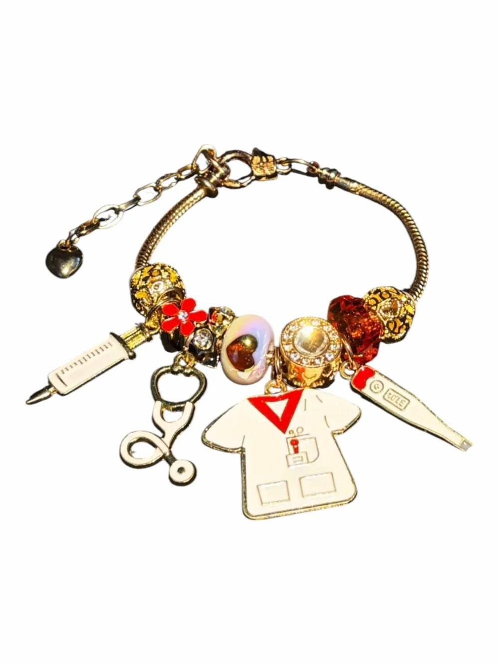 Gold-Tone Nurse Charm Bracelet with White and Red Accents